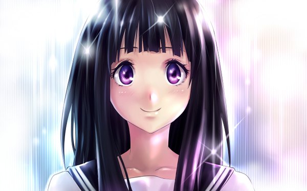 Anime picture 2700x1687 with hyouka kyoto animation chitanda eru fuka (artist) long hair looking at viewer blush highres black hair smile wide image purple eyes face girl