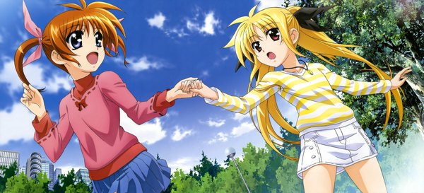 Anime picture 8931x4078 with mahou shoujo lyrical nanoha fate testarossa takamachi nanoha long hair highres open mouth blue eyes blonde hair red eyes wide image twintails multiple girls absurdres cloud (clouds) orange hair holding hands casual girl skirt ribbon (ribbons)