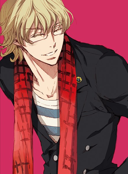 Anime picture 813x1100 with tiger & bunny sunrise (studio) barnaby brooks jr. mamita single tall image short hair simple background blonde hair smile eyes closed pink background boy glasses scarf badge