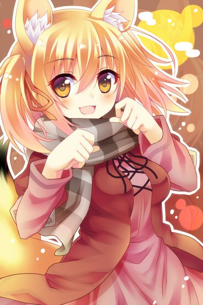 Anime picture 1000x1500 with original kirara m. sunlight yatsuki yura single tall image looking at viewer blush fringe short hair open mouth blonde hair smile hair between eyes animal ears yellow eyes upper body tail :d animal tail fox ears