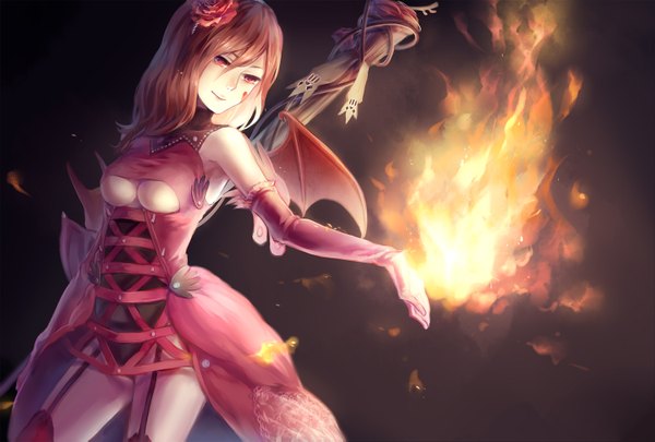 Anime picture 1500x1013 with dragon nest marn (pixiv) single long hair looking at viewer fringe breasts light erotic simple background red eyes hair flower light smile magic bat wings girl dress gloves hair ornament flower (flowers) wings