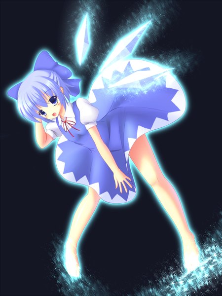 Anime picture 1200x1600 with touhou cirno hyonsan2 tall image short hair open mouth blue eyes simple background blue hair magic girl dress wings