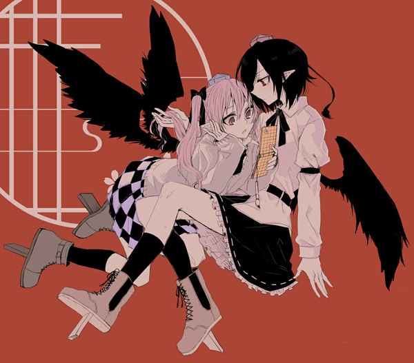 Anime picture 1024x900 with touhou shameimaru aya himekaidou hatate tadano kagekichi long hair blush short hair open mouth black hair red eyes sitting twintails multiple girls pink hair pleated skirt pink eyes pointy ears angel wings black wings checkered skirt
