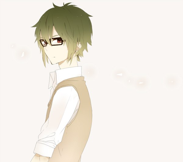 Anime picture 1473x1300 with vocaloid gumo kusokusoman single simple background white background brown eyes green hair boy earrings shirt glasses vest
