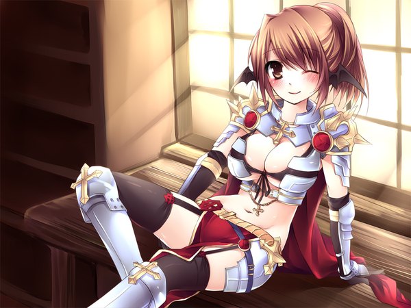 Anime picture 960x720 with ragnarok online rune knight (ragnarok online) sorai shin'ya single looking at viewer blush short hair breasts light erotic smile brown hair large breasts sitting brown eyes ponytail one eye closed wink sunlight arm support leg lift (legs lift)