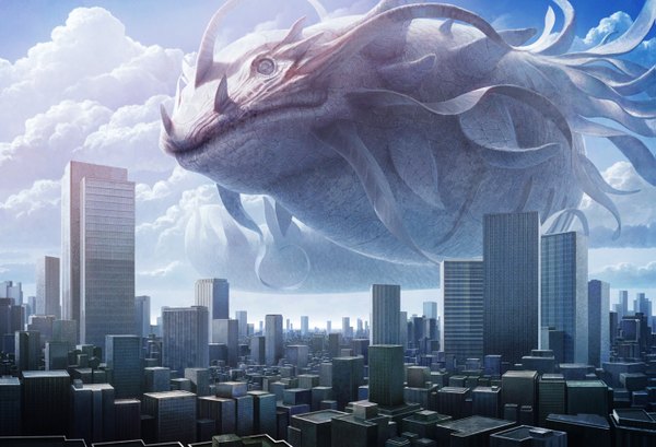Anime picture 1391x950 with original asaba (pf-x) sky cloud (clouds) city cityscape no people animal building (buildings) creature skyscraper