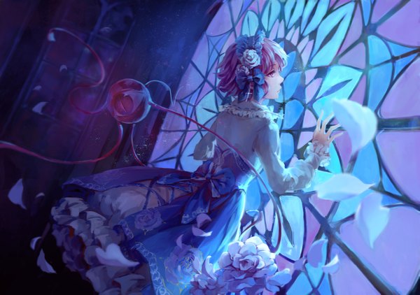 Anime picture 2953x2079 with touhou komeiji satori jlien- single fringe highres short hair pink hair pink eyes wind girl dress flower (flowers) bow petals lolita hairband stained glass eye