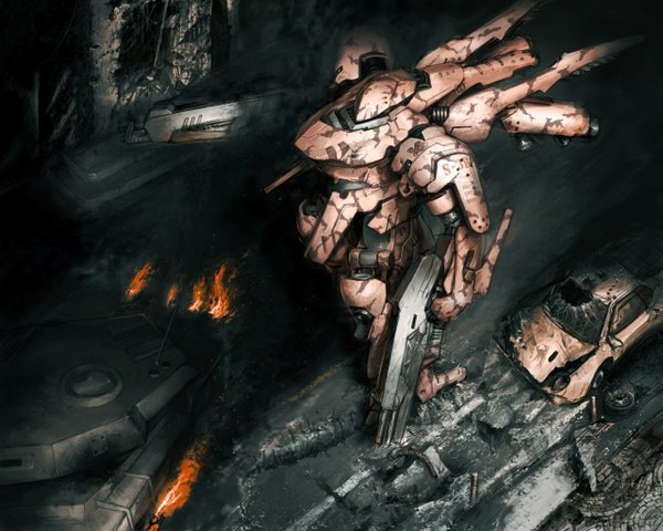 Anime picture 1280x1024 with armored core ruins destruction weapon gun ground vehicle fire car mecha