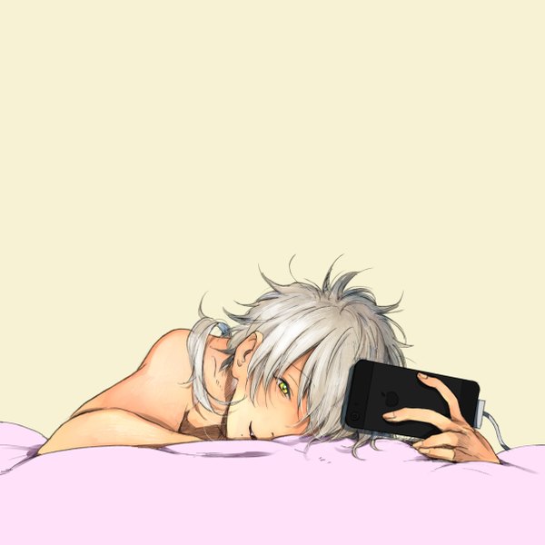 Anime picture 1204x1204 with prince of tennis apple inc. niou masaharu zkakq single long hair blush simple background smile bare shoulders yellow eyes silver hair ponytail lying messy hair boy bed smartphone iphone