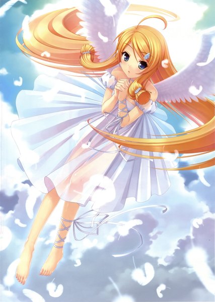 Anime picture 2351x3303 with sayori long hair tall image highres blue eyes blonde hair cloud (clouds) ahoge barefoot angel girl dress hair ornament wings feather (feathers) nekoworks