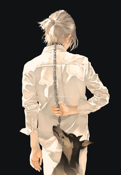 Anime picture 736x1059 with original re (artist) single tall image short hair blonde hair standing holding ponytail black background arm behind back boy animal shirt white shirt chain collar dog