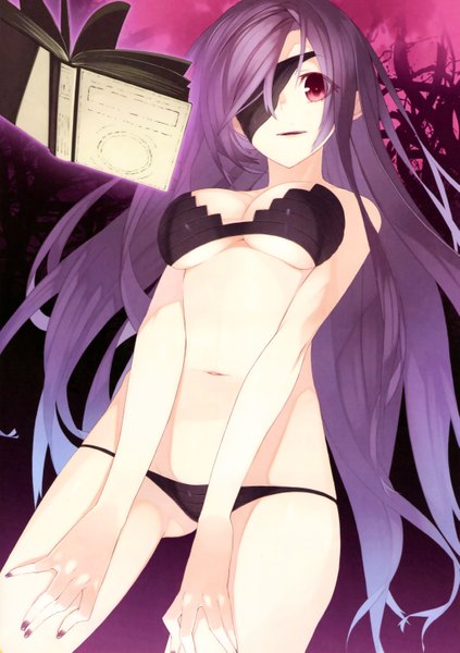 Anime picture 4085x5789 with genkai tokki monster monpiece senmu single long hair tall image looking at viewer fringe highres breasts light erotic red eyes standing absurdres purple hair nail polish from below weightlessness girl navel swimsuit