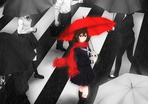 Anime picture 1414x1000 with kagerou project shaft (studio) tateyama ayano tohey looking at viewer short hair smile red eyes brown hair holding turning head monochrome no face spot color girl skirt uniform hair ornament school uniform socks