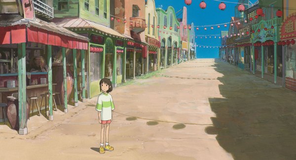 Anime picture 3250x1757 with spirited away studio ghibli ogino chihiro highres brown hair wide image brown eyes ponytail street shorts t-shirt lantern