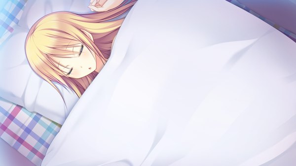 Anime picture 1280x720 with aimai renai tagme (character) satofuji masato single long hair blush open mouth blonde hair wide image game cg eyes closed on back sleeping girl pillow bed