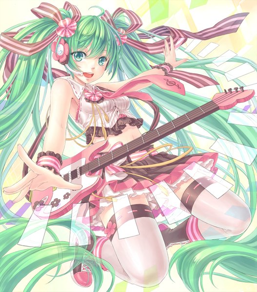 Anime picture 1512x1721 with vocaloid hatsune miku maple (artist) single long hair tall image twintails green eyes green hair girl thighhighs skirt ribbon (ribbons) hair ribbon miniskirt white thighhighs necktie boots headphones guitar