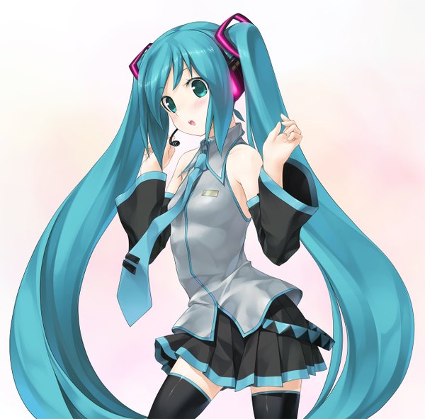 Anime picture 1340x1320 with vocaloid hatsune miku wacchi single blush open mouth simple background white background twintails bare shoulders very long hair aqua eyes aqua hair girl thighhighs skirt black thighhighs detached sleeves miniskirt headphones