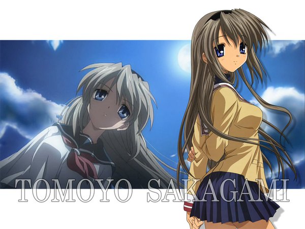 Anime picture 1024x768 with clannad key (studio) sakagami tomoyo long hair looking at viewer blue eyes smile pleated skirt grey hair character names multiview girl skirt uniform school uniform