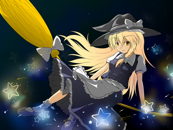 Anime picture 1600x1200 with touhou kirisame marisa tagme (artist) blonde hair yellow eyes braid (braids) witch girl skirt ribbon (ribbons) witch hat skirt set broom