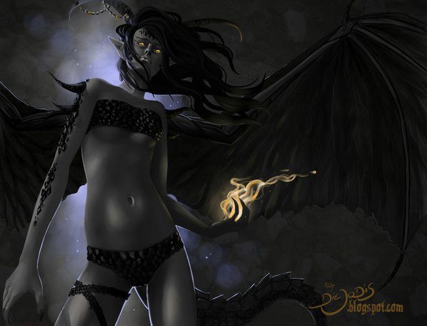 Anime picture 1024x783 with diejodis single long hair black hair bare shoulders signed yellow eyes tail nail polish horn (horns) fingernails pointy ears realistic tattoo glowing glowing eye (eyes) long fingernails demon wings face paint demon