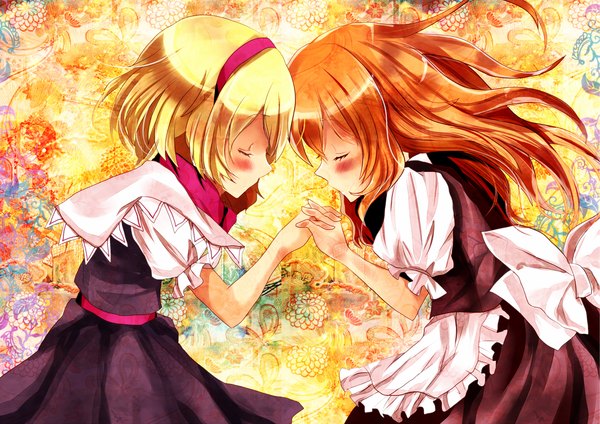 Anime picture 1682x1189 with touhou kirisame marisa alice margatroid kurekore long hair blush short hair blonde hair brown hair multiple girls eyes closed holding hands girl dress bow 2 girls hairband apron