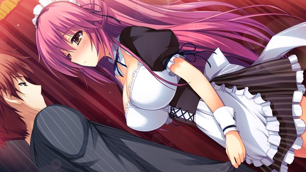 Anime picture 2560x1440 with reminiscence akusera tomose shunsaku long hair blush highres short hair breasts light erotic brown hair wide image large breasts brown eyes pink hair game cg maid girl boy headdress maid headdress