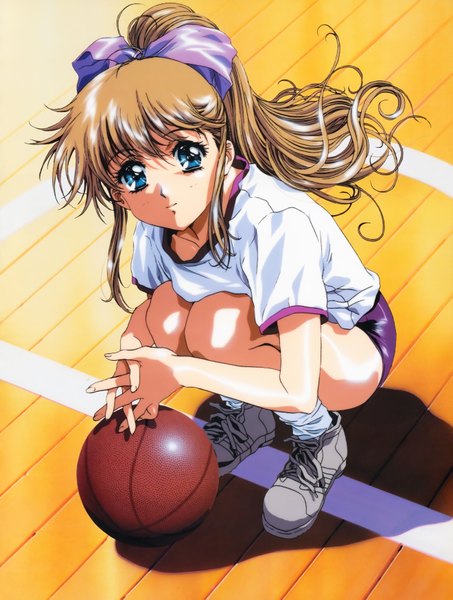 Anime picture 5274x6978 with kawarajima kou single long hair tall image looking at viewer highres blue eyes brown hair absurdres ponytail scan girl uniform bow hair bow socks shoes white socks gym uniform ball