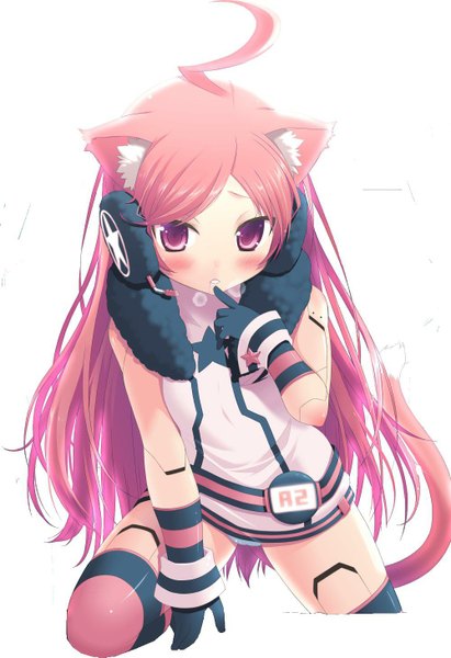 Anime picture 1000x1459 with vocaloid miki (vocaloid) amamiya minato single long hair tall image blush light erotic red eyes white background animal ears pink hair pink eyes cat ears cat tail pantyshot finger to mouth girl thighhighs gloves