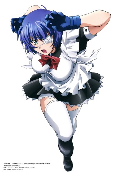 Anime picture 4714x6663 with ikkitousen ryomou shimei single tall image highres short hair open mouth blue eyes simple background white background blue hair absurdres scan mole official art mole under mouth girl thighhighs gloves white thighhighs