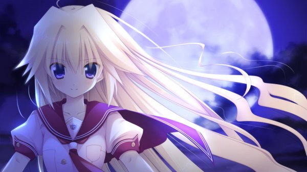 Anime picture 1280x720 with yumeiro alouette! hououin suzume takanae kyourin long hair looking at viewer wide image purple eyes game cg white hair night girl uniform school uniform moon