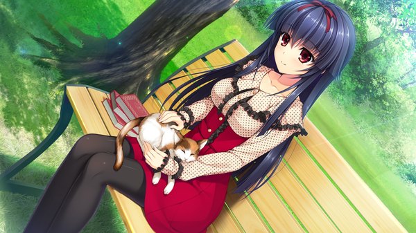 Anime picture 2194x1234 with pretty x cation 2 hibiki works himekawa honami single long hair highres black hair red eyes wide image sitting game cg girl dress plant (plants) animal tree (trees) book (books) cat bench