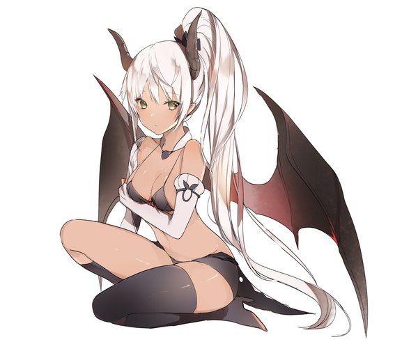 Anime picture 956x804 with original lpip single long hair looking at viewer fringe breasts light erotic simple background white background yellow eyes bent knee (knees) white hair ponytail horn (horns) tattoo dark skin demon girl black wings demon wings