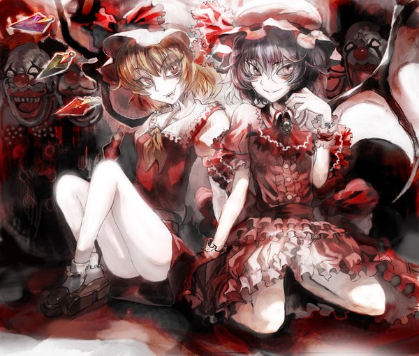 Anime picture 2049x1746 with touhou flandre scarlet remilia scarlet ultimate asuka highres short hair light erotic blonde hair smile red eyes sitting multiple girls ass teeth fang (fangs) bat wings clown girl dress bow