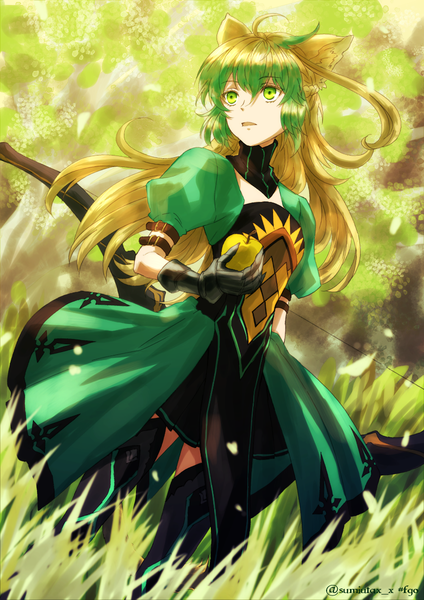 Anime picture 849x1200 with fate (series) fate/grand order atalanta (fate) kawasemi sumika single long hair tall image fringe blonde hair hair between eyes holding green eyes signed animal ears looking away ahoge multicolored hair green hair two-tone hair puffy sleeves