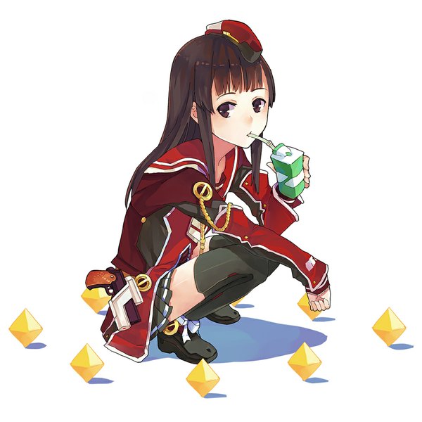 Anime picture 1000x1000 with phantasy star phantasy star online sega arks trainee female uniform hao (patinnko) single long hair blush fringe simple background brown hair white background brown eyes looking away squat drinking girl thighhighs black thighhighs gun