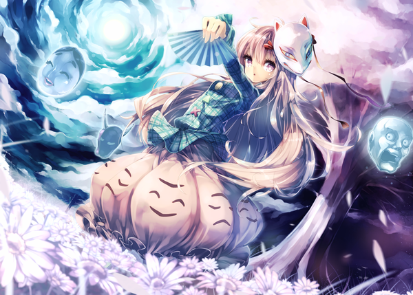 Anime picture 2600x1859 with touhou hata no kokoro teco uk single long hair highres blonde hair purple eyes cloud (clouds) cherry blossoms mask on head girl dress flower (flowers) plant (plants) tree (trees) mask fan