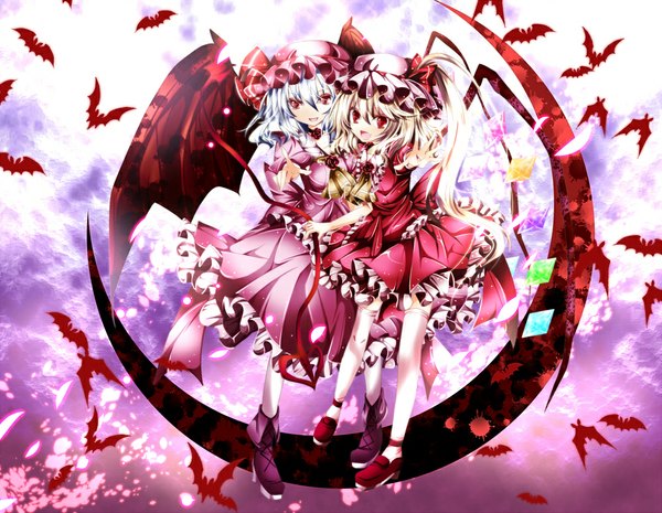 Anime picture 1000x776 with touhou flandre scarlet remilia scarlet nanase nao short hair open mouth blonde hair red eyes multiple girls blue hair demon wings girl thighhighs dress 2 girls white thighhighs wings bonnet crystal bat