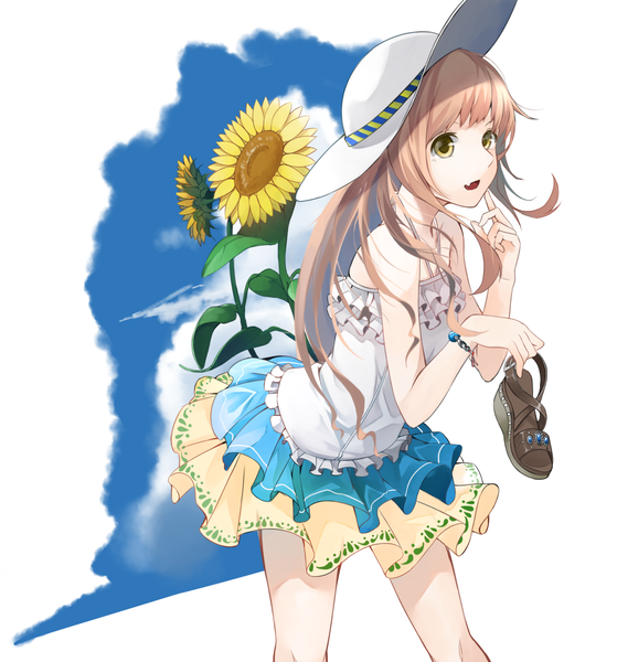 Anime picture 1000x1073 with original hitotose hirune single long hair tall image open mouth brown hair white background brown eyes girl dress flower (flowers) hat sundress sunflower