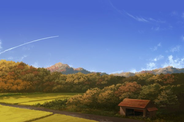 Anime picture 1800x1200 with original juuyonkou highres sky cloud (clouds) no people landscape scenic field condensation trail plant (plants) tree (trees) grass forest house farm