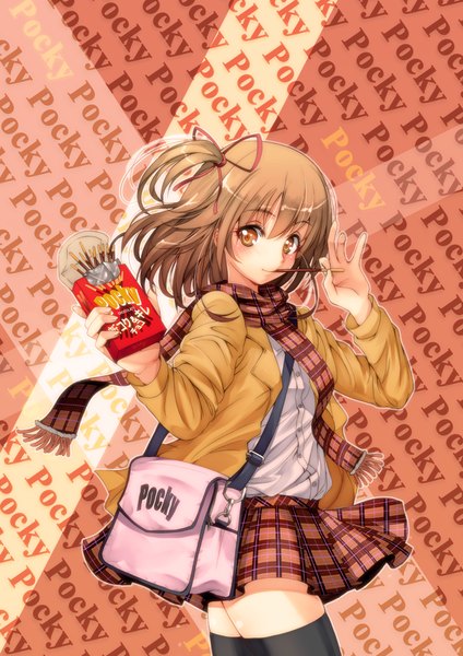 Anime picture 650x919 with original amayofoo single tall image short hair smile brown hair brown eyes ponytail pleated skirt open clothes open jacket side ponytail pocky day girl thighhighs skirt uniform ribbon (ribbons) black thighhighs