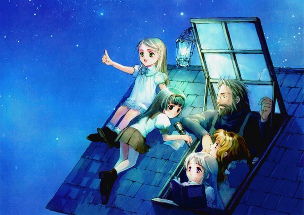 Anime picture 6184x4372 with little stars on the earth dee (little stars on the earth) wisteria (little stars on the earth) liddel (little stars on the earth) estrella (little stars on the earth) kuramoto kaya highres blonde hair purple eyes multiple girls green eyes absurdres white hair green hair pointing girl dress boy skirt socks