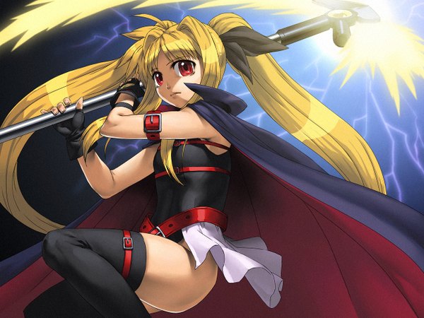 Anime picture 1280x960 with mahou shoujo lyrical nanoha fate testarossa cozy single long hair looking at viewer blonde hair red eyes twintails expressionless lightning girl thighhighs gloves ribbon (ribbons) weapon black thighhighs hair ribbon belt fingerless gloves