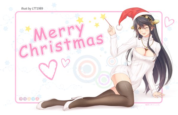Anime picture 2910x1885 with kantai collection haruna battleship ltt challenger single long hair blush highres open mouth light erotic black hair brown eyes cleavage one eye closed wink christmas revision merry christmas girl thighhighs hair ornament