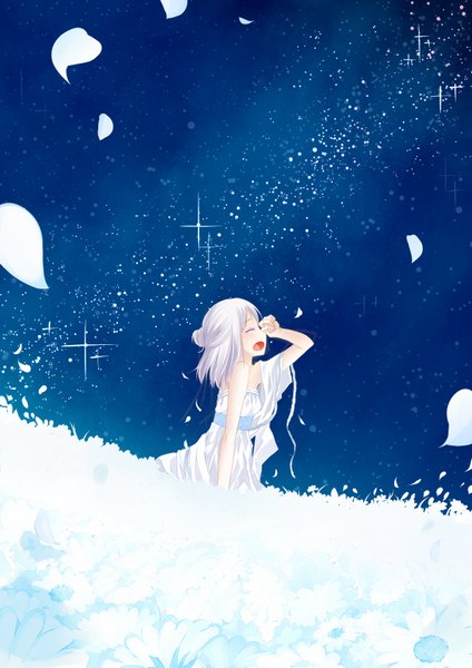 Anime picture 1240x1753 with original ahira yuzu single tall image short hair open mouth white hair eyes closed night sky field girl dress petals star (stars)