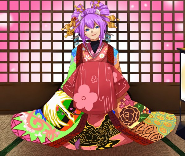 Anime picture 1066x902 with blazblue amane nishiki jerun single long hair looking at viewer blue eyes smile purple hair long sleeves traditional clothes japanese clothes girl hair ornament kimono hairclip