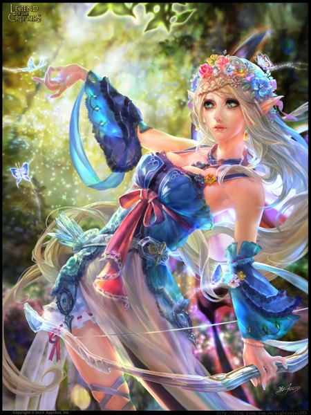 Anime picture 2000x2667 with legend of the cryptids yu-han single tall image highres breasts blonde hair green eyes very long hair elf girl dress weapon earrings insect butterfly bow (weapon) wreath
