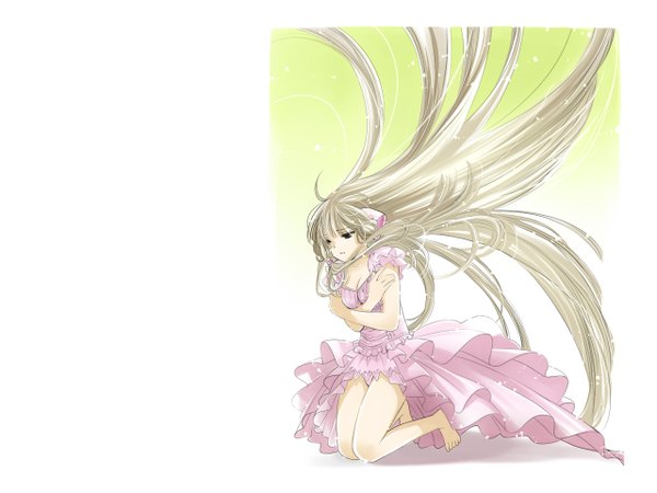 Anime picture 1280x960 with chobits chii tayuya1130 long hair simple background blonde hair white background brown eyes barefoot kneeling crossed arms framed girl dress