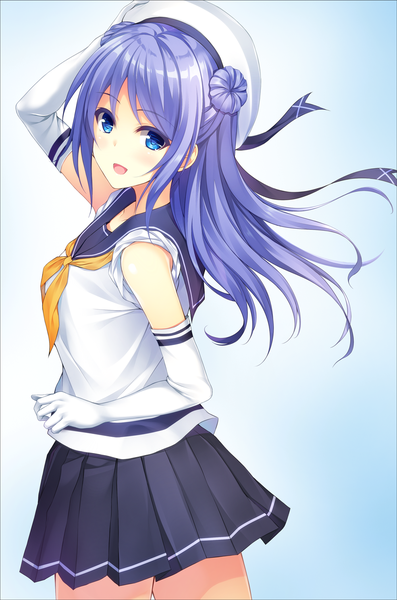 Anime picture 1000x1511 with kantai collection urakaze destroyer pasdar single long hair tall image looking at viewer open mouth blue eyes blue hair girl skirt gloves miniskirt elbow gloves white gloves beret sailor suit