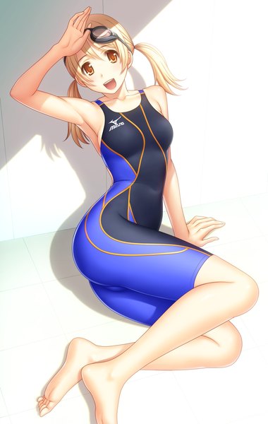 Anime picture 1478x2333 with original kuri (kurigohan) single long hair tall image open mouth simple background blonde hair twintails bare shoulders yellow eyes barefoot girl swimsuit goggles