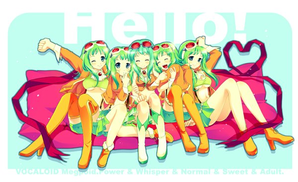 Anime picture 1000x612 with vocaloid gumi child-box long hair blush short hair breasts open mouth blue eyes light erotic smile wide image large breasts sitting multiple girls eyes closed one eye closed green hair wink open clothes